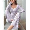 imageSHENHE Womens 2 Piece Pajama Sets Floral Ribbed Cute Pajama Long Sleeve Crop Top and Pant Lounge SetLight Purple