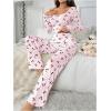 imageSHENHE Womens 2 Piece Pajama Sets Floral Ribbed Cute Pajama Long Sleeve Crop Top and Pant Lounge SetPink Cherry Print