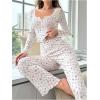 imageSHENHE Womens 2 Piece Pajama Sets Floral Ribbed Cute Pajama Long Sleeve Crop Top and Pant Lounge SetWhite