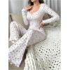 imageSHENHE Womens 2 Piece Pajama Sets Floral Ribbed Cute Pajama Long Sleeve Crop Top and Pant Lounge SetWhite