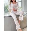 imageSHENHE Womens 2 Piece Pajama Sets Floral Ribbed Cute Pajama Long Sleeve Crop Top and Pant Lounge SetWhite
