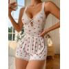imageSHENHE Womens Cherry Print Cute Lace Trim Crop Cami and Shorts Ribbed Pajama SetWhite