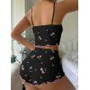 imageSHENHE Womens Cute Cherry Print Pajamas Crop Cami and Shorts Lettuce Trim Pj Lounge SetBlack