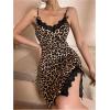 imageSHENHE Womens Leopard Nightgowns Split V Neck Spaghetti Strap Cami Sleepdress Mini NightdressBrown