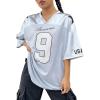 imageSHENHE Womens Oversized Jersey Shirt Y2k Letter Print Drop Shoulder V Neck Loose Mesh Tee TopsGrey