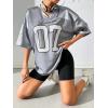 imageSHENHE Womens Oversized Jersey Shirt Y2k Letter Print Drop Shoulder V Neck Loose Mesh Tee TopsLight Grey