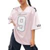 imageSHENHE Womens Oversized Jersey Shirt Y2k Letter Print Drop Shoulder V Neck Loose Mesh Tee TopsLight Pink