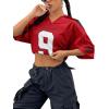 imageSHENHE Womens Oversized Jersey Shirt Y2k Letter Print Drop Shoulder V Neck Loose Mesh Tee TopsRed