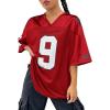 imageSHENHE Womens Oversized Jersey Shirt Y2k Letter Print Drop Shoulder V Neck Loose Mesh Tee TopsRed
