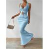 imageSHENHE Womens Sexy 2 Piece Outfits Twist Front Split Halter Crop Top and Bodycon Maxi Skirt SetBlue