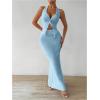 imageSHENHE Womens Sexy 2 Piece Outfits Twist Front Split Halter Crop Top and Bodycon Maxi Skirt SetBlue