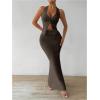 imageSHENHE Womens Sexy 2 Piece Outfits Twist Front Split Halter Crop Top and Bodycon Maxi Skirt SetCoffee Brown