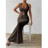 imageSHENHE Womens Sexy 2 Piece Outfits Twist Front Split Halter Crop Top and Bodycon Maxi Skirt SetCoffee Brown