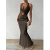 imageSHENHE Womens Sexy 2 Piece Outfits Twist Front Split Halter Crop Top and Bodycon Maxi Skirt SetCoffee Brown