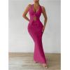 imageSHENHE Womens Sexy 2 Piece Outfits Twist Front Split Halter Crop Top and Bodycon Maxi Skirt SetHot Pink