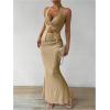 imageSHENHE Womens Sexy 2 Piece Outfits Twist Front Split Halter Crop Top and Bodycon Maxi Skirt SetKhaki