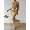 imageSHENHE Womens Sexy 2 Piece Outfits Twist Front Split Halter Crop Top and Bodycon Maxi Skirt SetKhaki