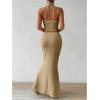 imageSHENHE Womens Sexy 2 Piece Outfits Twist Front Split Halter Crop Top and Bodycon Maxi Skirt SetKhaki