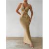 imageSHENHE Womens Sexy 2 Piece Outfits Twist Front Split Halter Crop Top and Bodycon Maxi Skirt SetKhaki