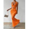 imageSHENHE Womens Sexy 2 Piece Outfits Twist Front Split Halter Crop Top and Bodycon Maxi Skirt SetOrange