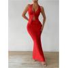 imageSHENHE Womens Sexy 2 Piece Outfits Twist Front Split Halter Crop Top and Bodycon Maxi Skirt SetRed