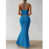 imageSHENHE Womens Sexy 2 Piece Outfits Twist Front Split Halter Crop Top and Bodycon Maxi Skirt SetTeal Blue