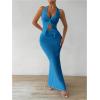 imageSHENHE Womens Sexy 2 Piece Outfits Twist Front Split Halter Crop Top and Bodycon Maxi Skirt SetTeal Blue