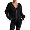 imageSHENHE Womens Zip Up Hooded Cardigan Drop Shoulder Casual Knitwear Sweater JacketBlack