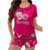 imageSHENHE Womens 2 Piece Cow Print Round Neck Short Sleeve Cute Drawstring Shorts Pajama Set