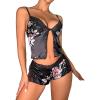 imageSHENHE Womens 2 Piece Floral Satin Lace V Neck Sleeveless Cami Top and Shorts Lingerie Pajama SetsBlack