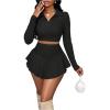 imageSHENHE Womens 2 Piece Mini Skirt Set V Neck Long Sleeve Collared Crop Top Ruffle Flowy SkirtBlack