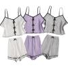 imageSHENHE Womens 3 Sets Cute Sleepwear Bow Front Lettuce Trim Cami and Shorts Pajama SetGrey White Purple