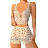 imageSHENHE Womens Cherry Print Cute Lace Trim Crop Cami and Shorts Ribbed Pajama SetWhite