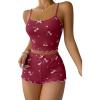 imageSHENHE Womens Cute Cherry Print Pajamas Crop Cami and Shorts Lettuce Trim Pj Lounge SetBurgundy