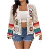 imageSHENHE Womens Plus Size Crochet Open Front Cardigan Bell Sleeve Sheer Hollow Out Boho Cardigans
