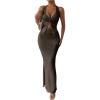 imageSHENHE Womens Sexy 2 Piece Outfits Twist Front Split Halter Crop Top and Bodycon Maxi Skirt SetCoffee Brown