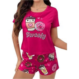 imageSHENHE Womens 2 Piece Cow Print Round Neck Short Sleeve Cute Drawstring Shorts Pajama Set