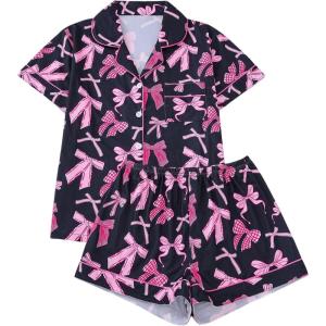 imageSHENHE Womens 2 Piece Pajama Set Bow Graphic Button Down Short Sleeve Lapel Shirt Pj Short SetBlack