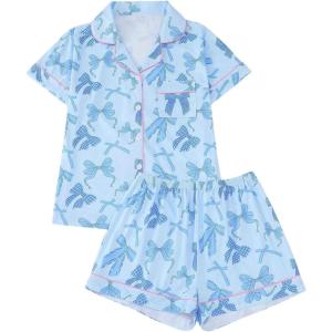 imageSHENHE Womens 2 Piece Pajama Set Bow Graphic Button Down Short Sleeve Lapel Shirt Pj Short SetBlue