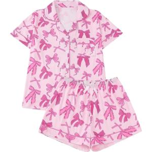 imageSHENHE Womens 2 Piece Pajama Set Bow Graphic Button Down Short Sleeve Lapel Shirt Pj Short SetDeep Pink