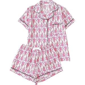 imageSHENHE Womens 2 Piece Pajama Set Bow Graphic Button Down Short Sleeve Lapel Shirt Pj Short SetMonkey Pink