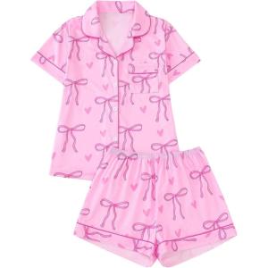imageSHENHE Womens 2 Piece Pajama Set Bow Graphic Button Down Short Sleeve Lapel Shirt Pj Short SetPink