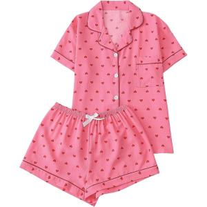 imageSHENHE Womens 2 Piece Pajama Set Bow Graphic Button Down Short Sleeve Lapel Shirt Pj Short SetPink Heart