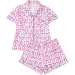 imageSHENHE Womens 2 Piece Pajama Set Bow Graphic Button Down Short Sleeve Lapel Shirt Pj Short SetPink Monkey Print