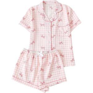 imageSHENHE Womens 2 Piece Pajama Set Bow Graphic Button Down Short Sleeve Lapel Shirt Pj Short SetPlaid Light Pink