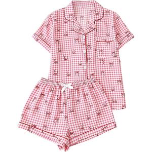 imageSHENHE Womens 2 Piece Pajama Set Bow Graphic Button Down Short Sleeve Lapel Shirt Pj Short SetPlaid Pink