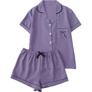 imageSHENHE Womens 2 Piece Pajama Set Bow Graphic Button Down Short Sleeve Lapel Shirt Pj Short SetPurple