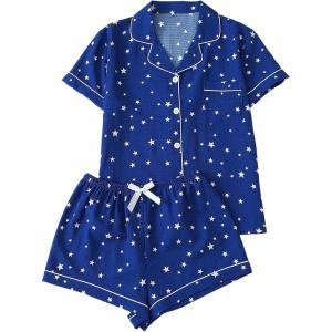 imageSHENHE Womens 2 Piece Pajama Set Bow Graphic Button Down Short Sleeve Lapel Shirt Pj Short SetStar Blue
