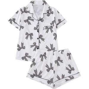 imageSHENHE Womens 2 Piece Pajama Set Bow Graphic Button Down Short Sleeve Lapel Shirt Pj Short SetWhite