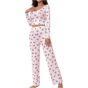 imageSHENHE Womens 2 Piece Pajama Sets Floral Ribbed Cute Pajama Long Sleeve Crop Top and Pant Lounge SetPink Cherry Print